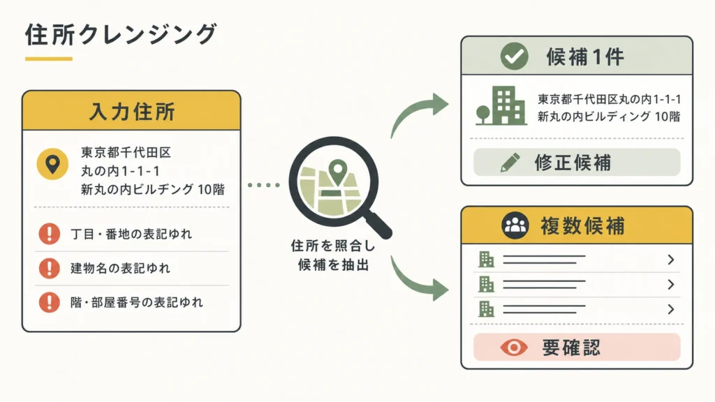 住所クレンジングで一意候補を修正候補として示し複数候補を要確認にする図