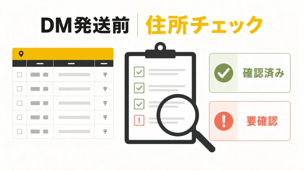 DM発送前の住所リストを確認済みと要確認に分けるイメージ