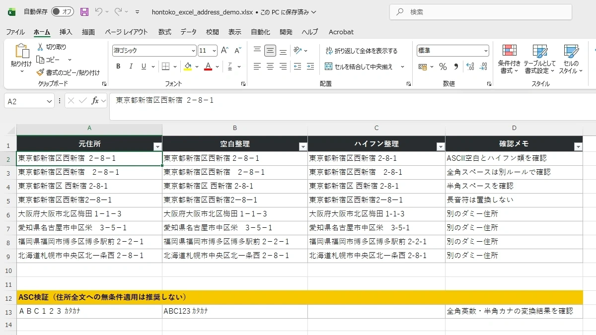 元住所、空白整理、ハイフン整理、確認メモの列を分けた実際のExcel画面